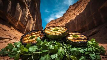 Grilled Avocados on Cilantro in Desert Landscape Under Bright Sky photo