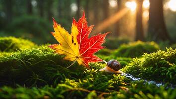 Snail Crawling Near Maple Leaf in Forest with Sunlight Shining Through photo