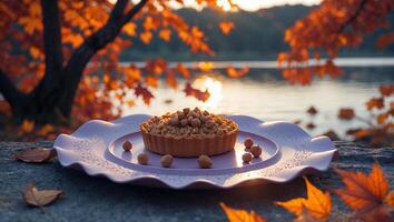 Serving Hazelnut Tart on Plate with Autumnal Lake Background photo