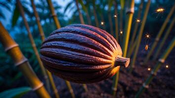 Cacao Pod in Tropical Forest with Fireflies at Twilight photo