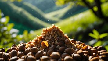 Pile of Acorns and Crumble on Green Hillside Background photo