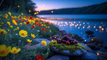Cherries and Coffee Beans on Mossy Rock by Lake with Flowers photo