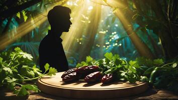 Arrangement of Dates and Cilantro in a Natural Setting with Sunlight photo