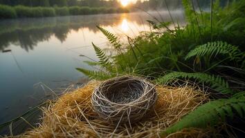 Empty Bird Nest Resting on Hay by Tranquil Lake at Sunrise photo