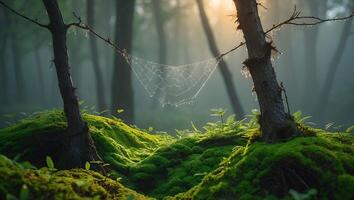 Spiderweb in Forest with Moss and Dewdrops at Sunrise photo