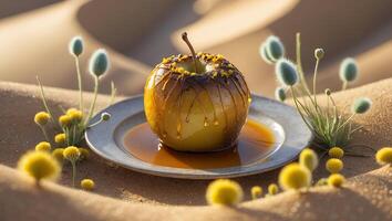 Caramel Apple on Plate Surrounded by Desert Sand and Flowers photo
