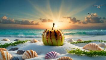 Grilled Apple on Sand with Sea Shells at Tropical Sunset photo