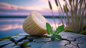 Half of a Carved Vegetable on Rock with Lake at Sunset photo