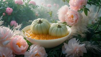 Serving Green Pumpkins in Bowl with Orange Sauce Among Pink Peonies photo