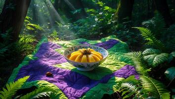 Bowl of Fruit on a Quilt in a Sunlit Forest Setting photo