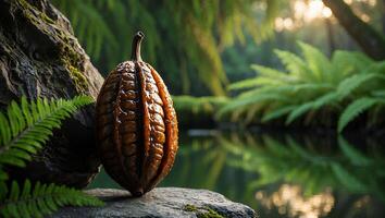 Gourd Resting by Waterside in Lush Green Environment with Ferns photo