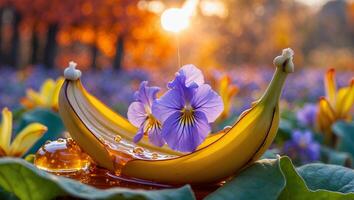 Banana with Honey and Flowers on Green Leaves in Sunlight photo