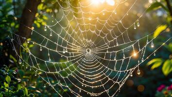 Spiderweb Dew Drops Shimmering in Morning Sunlight in Natural Setting photo