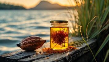 Still Life with Cocoa Bean and Spice Infused Oil by Water photo