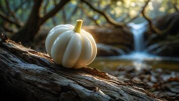 White Pumpkin on Log with Waterfall in Forest Background photo