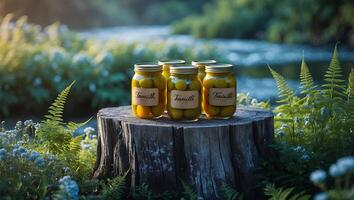 Canned Fruit Jars on Tree Stump Display in Natural Setting photo