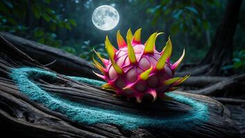 Exotic Fruit Resting on Log Under Moonlight in Forest Setting photo