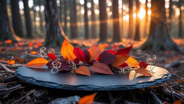 Displaying Autumn Leaves on Slate Plate in a Forest with Sunlight photo