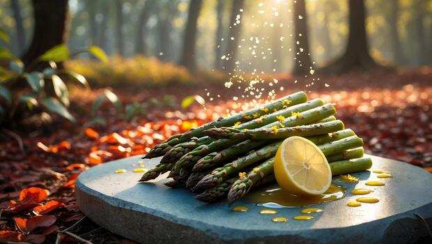 Asparagus and Lemon with Sprinkle on Stone Slab in Forest photo