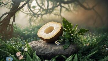 Coconut Half on Stone in Forest Glade Surrounded by Ferns photo