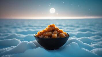 Bowl of Food on Snow Under Moonlit Sky Creates Winter Scene photo