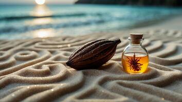Cacao Bean and Oil Bottle on Patterned Sand at Sunset Beach photo