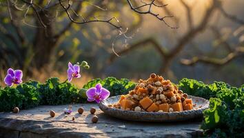 Serving Food with Nuts and Orchid Flowers in Natural Setting photo