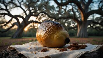 Baking Pear and Pecans Resting Outdoors on Stone Surface photo