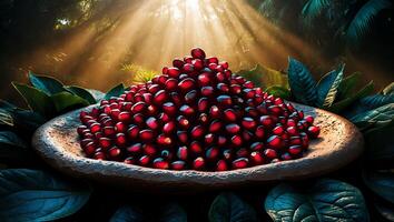 Pomegranate Seeds in Bowl with Sunlight and Leaves Still Life photo