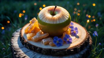 Apple Carving with Candied Ginger and Violet Flowers on Wood photo
