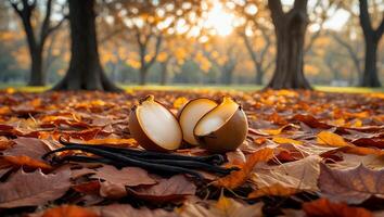 Vanilla Bean and Cut Fruit Placed on Autumnal Leaves in Park photo