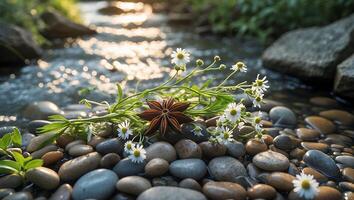 Daisies and Star Anise on River Rocks with Sunlight Reflection photo