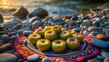 Baked Apples on Colorful Mat by the Shoreline at Sunset photo