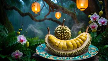 Durian Fruit Displayed in Exotic Forest Setting with Lanterns photo