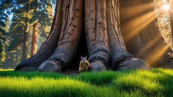 Squirrel Standing Near a Giant Tree Trunk in Sunlight Forest photo