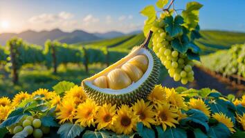 Open Durian with Yellow Flowers in a Green Vineyard Landscape photo