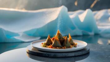Serving Triangular Pastries with Garnish, on an Arctic-inspired Stage photo