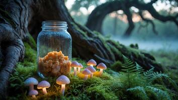 Glowing Mushrooms with Jar and Food in Magical Forest Scene photo