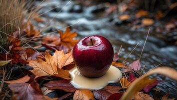 Red Apple Still Life with Caramel Drizzle and Autumn Leaves photo