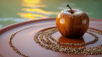 Caramel Apple with Seeds Decoration on Plate Near Water at Sunset photo