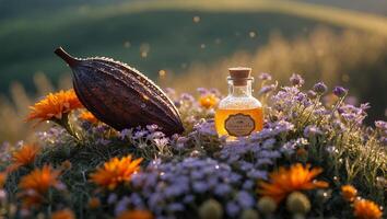 Cacao Pod and Liquid Elixir Among Flowers in a Field photo
