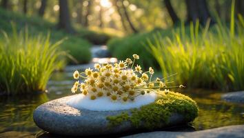 Chamomile Flowers on Rock in Forest Stream with Greenery photo