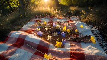 Wildflower Picnic Blanket Arrangement with Warm Sunset Lighting in Nature photo