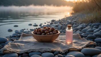 Hazelnuts in Bowl with Oil Bottle on Stone Beach at Sunset photo