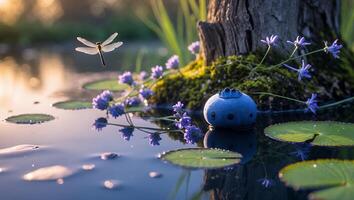 Dragonfly Flying Over Pond with Blueberry and Lily Pads Landscape photo