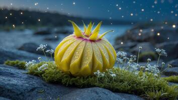 Glowing Exotic Flower on Mossy Rock Near Water at Night photo