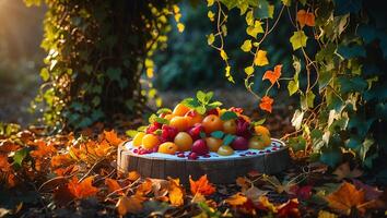 Fruit Platter Displayed on Tree Stump in an Autumnal Forest Setting photo