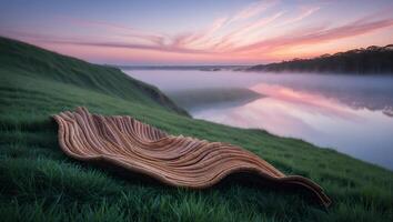 Wavy Object Resting on Grassy Hill with Foggy Lake at Sunrise photo
