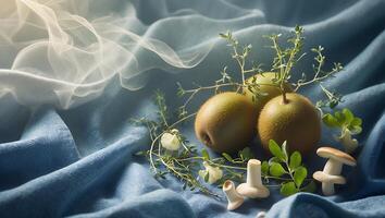 Kiwi and Mushroom Still Life with Blue Fabric Background photo
