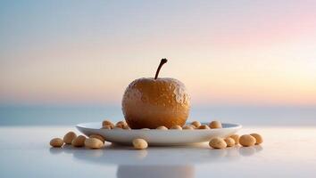 Glistening Fruit on a Plate with Small Round Snacks and Sky photo